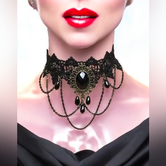 New Vintage Choker Necklace Black Sapphire Gothic in box - Picture 4 of 9